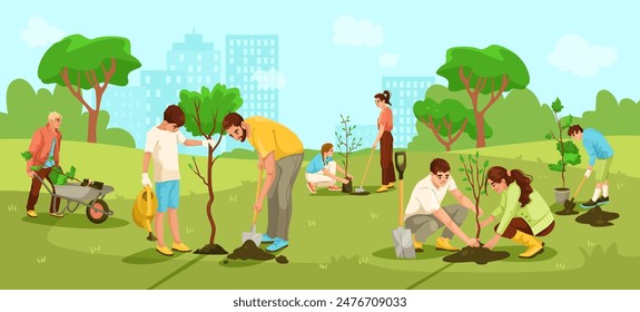 A group of people planting trees in a park, cartoon graphic style, cityscape in the background. Concept of community gardening and environmental conservation. Vector illustration