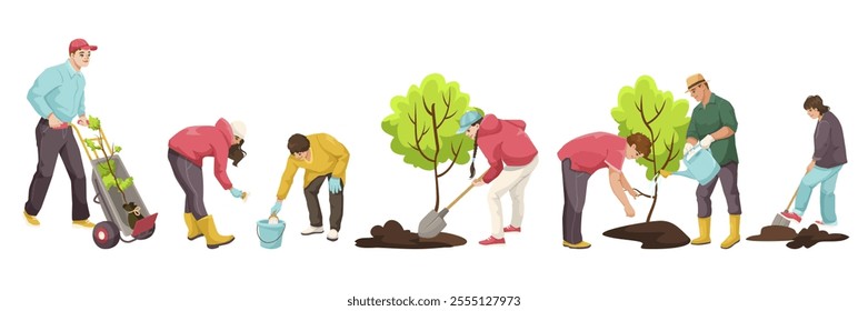Group of people planting trees together on white background. Vector illustration