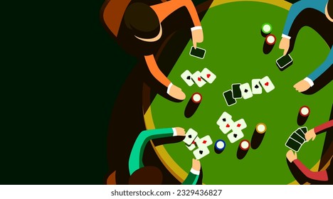 Group of people play poker at a round table in a dark room. Concept of casino and card games. Vector illustration