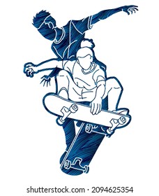 Group of People Play Skateboard Extreme Sport Skateboarder Action Cartoon Graphic Vector