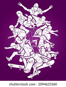Group of People Play Skateboard Extreme Sport Skateboarder Action Cartoon Graphic Vector