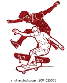 Group of People Play Skateboard Extreme Sport Skateboarder Action Cartoon Graphic Vector