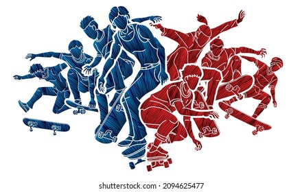 Group of People Play Skateboard Extreme Sport Skateboarder Action Cartoon Graphic Vector