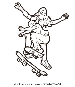 Group of People Play Skateboard Extreme Sport Skateboarder Action Cartoon Graphic Vector
