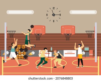 Group of people playing basketball, vector illustration. Team sport game, basketball amateur tournament, match.