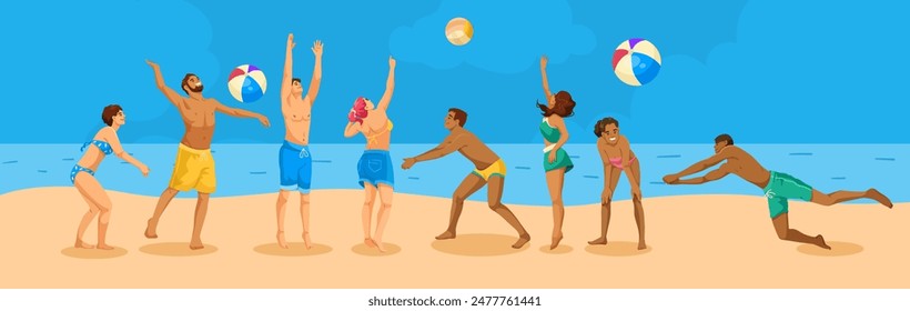 Group of people playing beach volleyball. Colorful illustration on a beach background. Concept of summer activities. Vector illustration