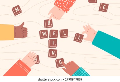 Group of people playing board game, hands collecting words from game pieces on wooden table. Well being, home activity or friendship concept. Flat cartoon vector illustration.