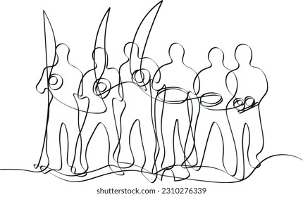 Group of people playing brazilian capoeira music. Abstract continuous line art vector illustration.