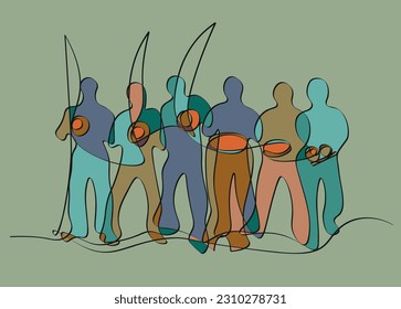 Group of people playing brazilian capoeira music. Abstract continuous line art vector illustration with colors.