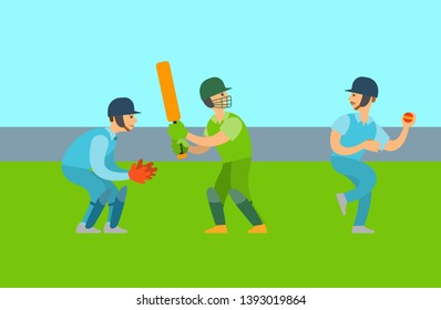 Group of people playing cricket, men holding ball and bat, male wearing helmet and gloves, full length view of training person, championship vector