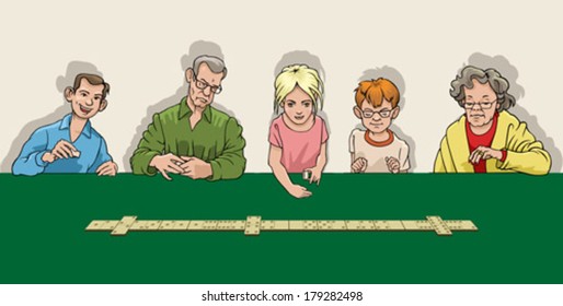 A group of people playing dominoes