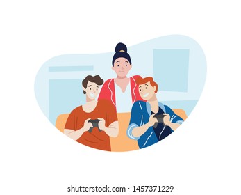 Group of people playing games while sitting in the couch. Games illustration concept