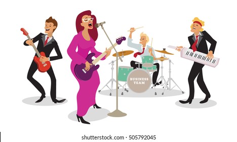 A group of people playing musical instruments. Corporate culture and team spirit. Vector illustration.