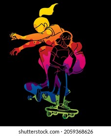 Group of People Playing Skateboard Extreme Sport Action Cartoon Graphic Vector