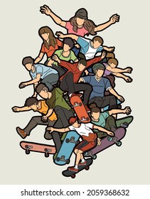 Group of People Playing Skateboard Extreme Sport Action Cartoon Graphic Vector
