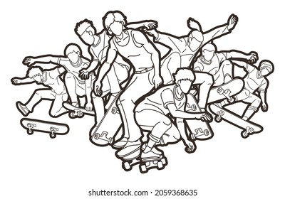 Group of People Playing Skateboard Extreme Sport Action Cartoon Graphic Vector