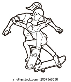 Group of People Playing Skateboard Extreme Sport Action Cartoon Graphic Vector