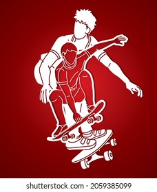 Group of People Playing Skateboard Extreme Sport Action Cartoon Graphic Vector
