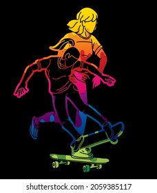 Group of People Playing Skateboard Extreme Sport Action Cartoon Graphic Vector