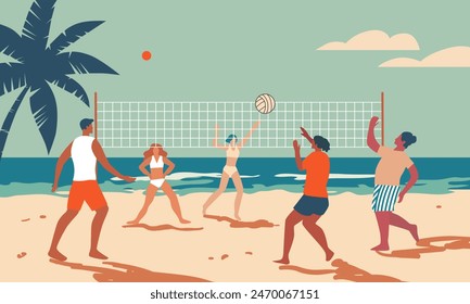 Group of people playing volleyball on the beach. Men and women doing sports by the sea. Simple flat style illustration. Summer activities