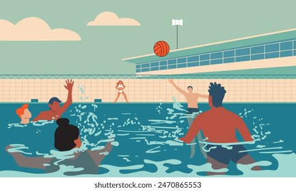 Group of people playing water polo in a swimming pool. Men playing ball in the water. Simple flat style illustration. Summer leisure activities. Relaxation on vacation