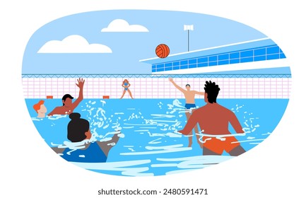 Group of people playing water polo in a swimming pool. Men playing ball in the water. Simple flat style illustration. Summer leisure activities. Relaxation on vacation