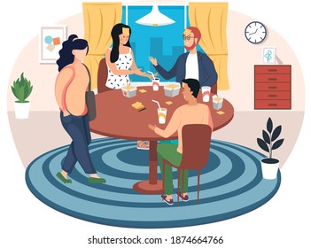 A group of people is playing who am I game at home. Young characters communicate and spend time together. Friends are eating and playing in the apartment. The guy guesses his role in the game