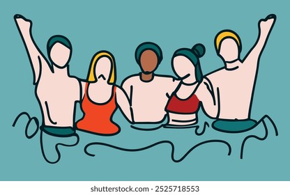 Un grupo de personas está en una piscina, con una persona vistiendo una camisa roja. Concepto de camaradería y diversión, ya que el grupo de amigos están disfrutando de su tiempo juntos en el agua