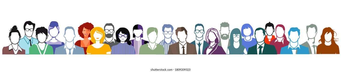 Group of people portrait, faces on white background.
