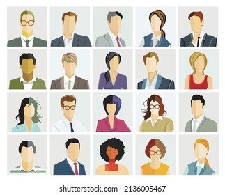 Group of people portrait, faces on white background. illustration