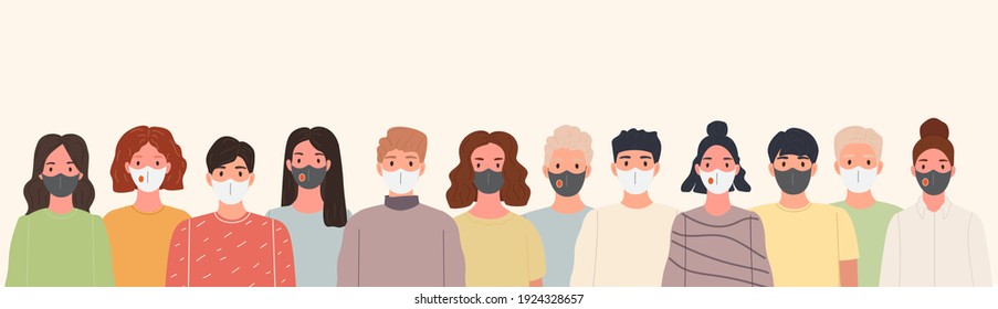 Group of people portrait wearing medical masks to prevent coronavirus disease, world virus pollution. Vector illustration character set in a flat style