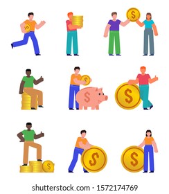 Group of people posing with big golden coins. Money, cash, financial success concept. Flat design vector illustration