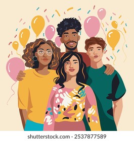 Group of people posing for a portrait with friends during a party on the background of balloons. Students-friends of different nationalities smiling and hugging. Friends day. Vector illustration