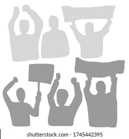 Group of people with posters and hands up, protest, meeting.  Protest Banner about Human Right of Black People in U.S. America. Vector Illustration. Icon Poster and Symbol for printed matter. Vector.