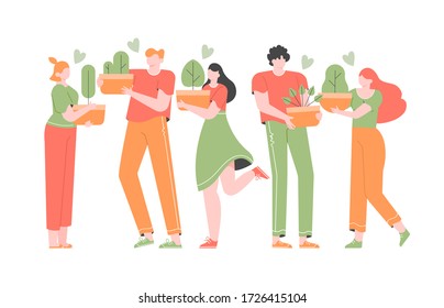 Group of people with pots of plants. Home flowers, gardening and hobbies. Green urban jungle. Vector flat illustration.