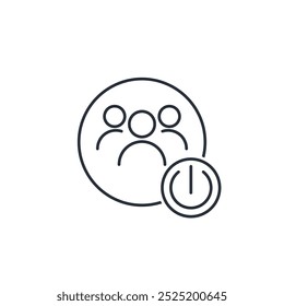  A group of people and a power button. Connect the team. Competent assistance, support.Vector linear icon isolated on white background.