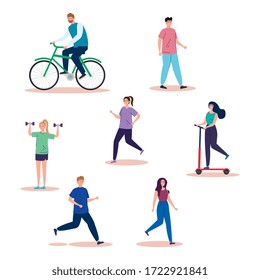 group people practicing activities avatar characters vector illustration design