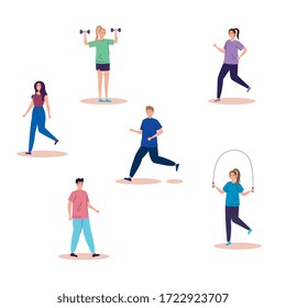 group people practicing activities avatar characters vector illustration design