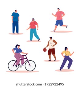 group people practicing exercise avatar characters vector illustration design