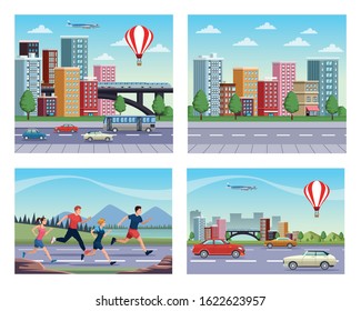 group of people practicing exercise on the city scenes vector illustration design