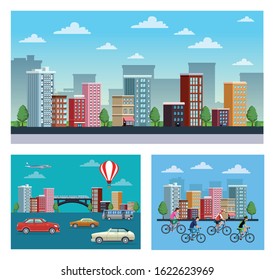 group of people practicing exercise on the city scenes vector illustration design