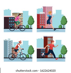 group of people practicing exercise on the city scenes vector illustration design
