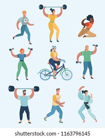 Group people practicing exercises of different kinds of sport. Set of humans doing sports.Vector cartoon illustration in modern concept