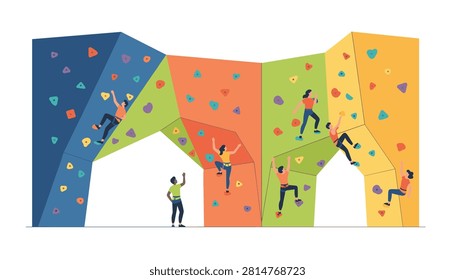 Group of people practicing indoor rock climbing on a colorful wall with various handholds and training gear.