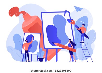 Group of people practicing new painting skills at painting workshop with equipment. Workshop, workshop session, practicing new skills concept. Pinkish coral bluevector isolated illustration