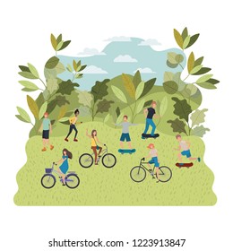 group of people practicing sport characters