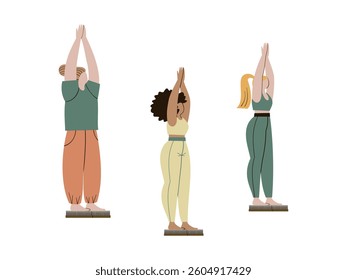 Group of people practicing standing on nails. Vector concept illustration yoga on nails.