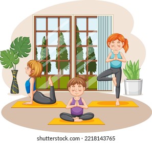 Group of people practicing yoga illustration