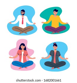 group of people practicing yoga in lotus position vector illustration design