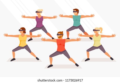 Group of people practicing yoga in virtual glasses. Vector illustration